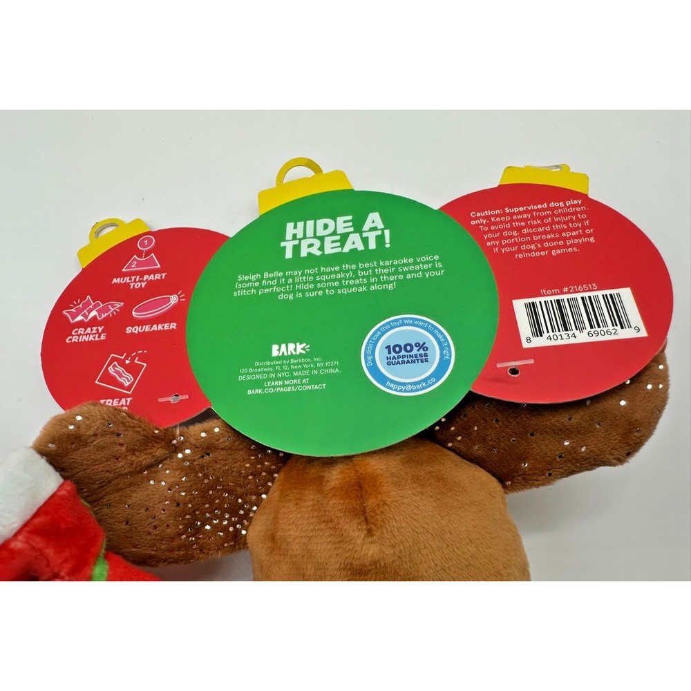 Bark Sleigh Belle Medium Plush Dog Toy Squeaky Crinkle Multi-Part Treat Trap - Picture 5 of 5